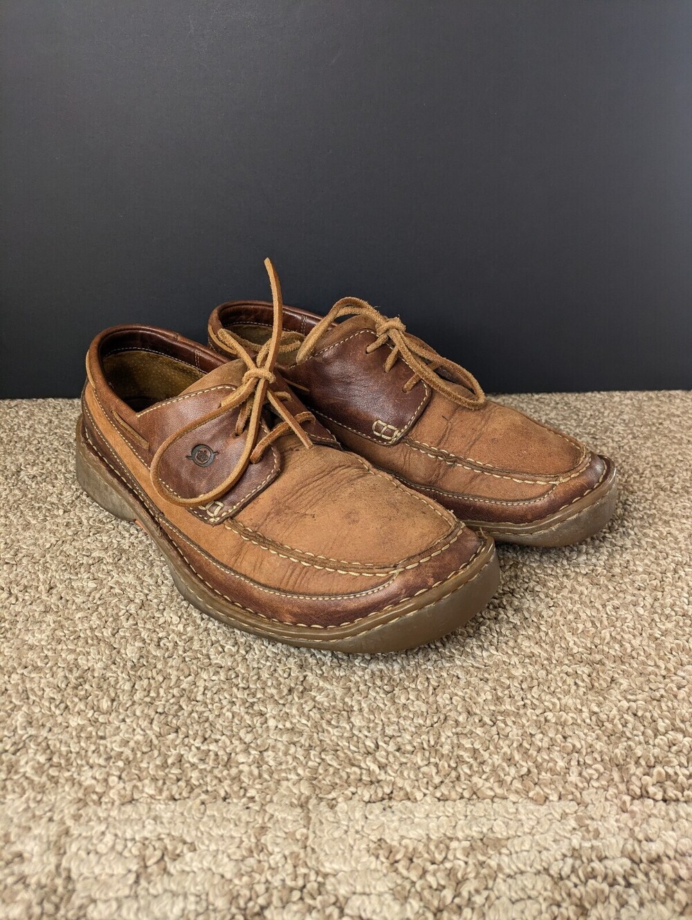 Born Waz Shoes Men's Size 9.5 Vintage Leather 3 Eye Boat Loafers Moc Toe